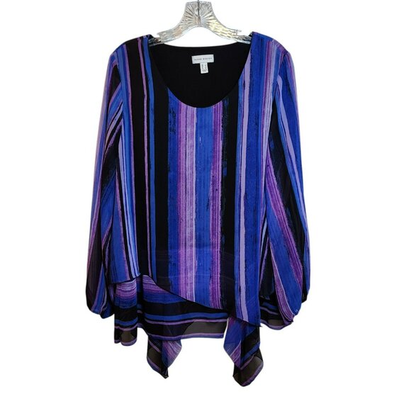 Susan Graver Blouse L Purple Black Striped Long Sleeve Asymmetrical Hem Preowned - Picture 2 of 9